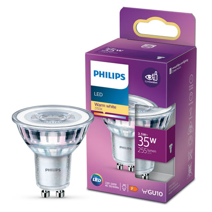Philips LED-pære GU10 255 lm 3,5W erstatter 35W varm hvid 2700K EyeComfort lilla/hvid emballage.
