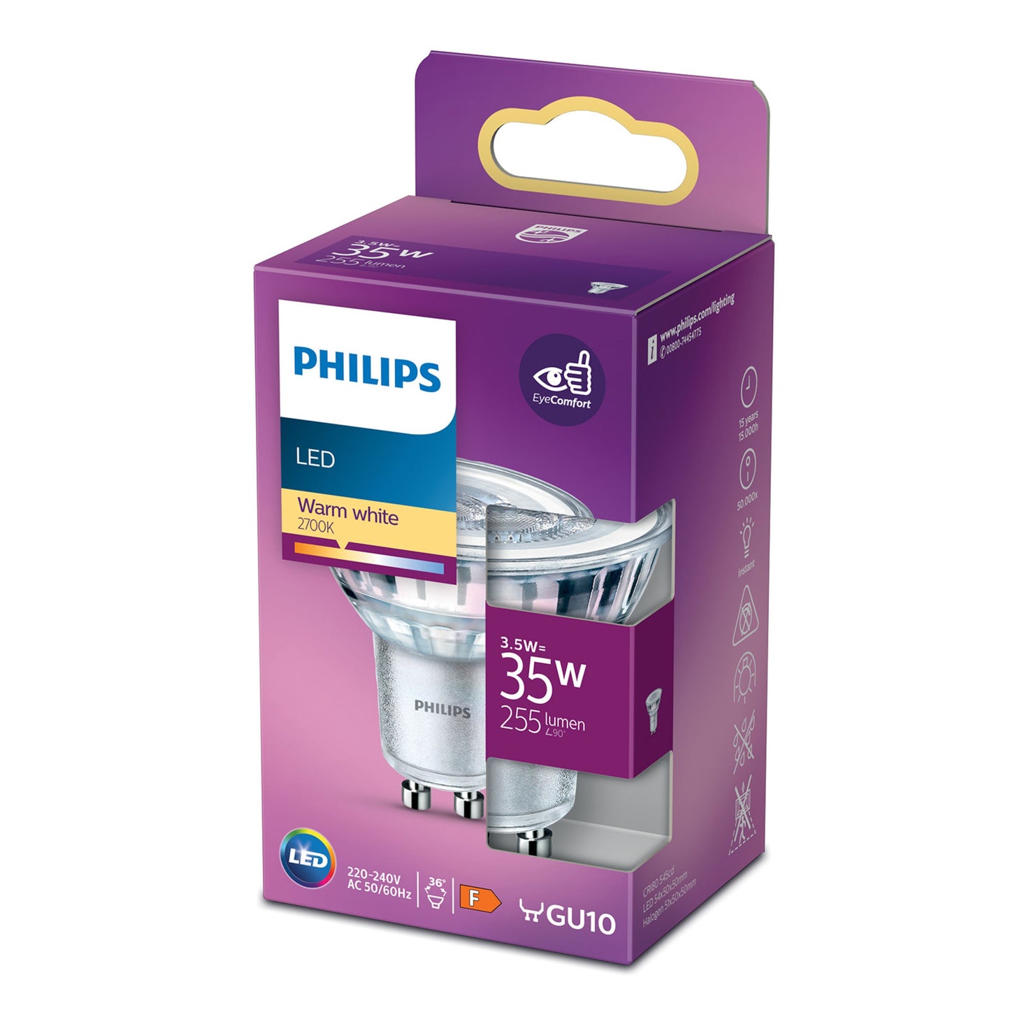 Philips LED-pære GU10 255 lm 3,5W, svarer til 35W, varm hvid 2700K, pakke med to pærer i lilla/hvid æske.