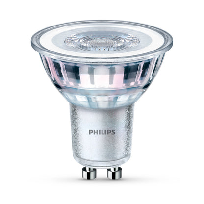 Philips LED-pære GU10 255 lm, gennemsigtigt glas, metallisk base, til pinforbindelser.