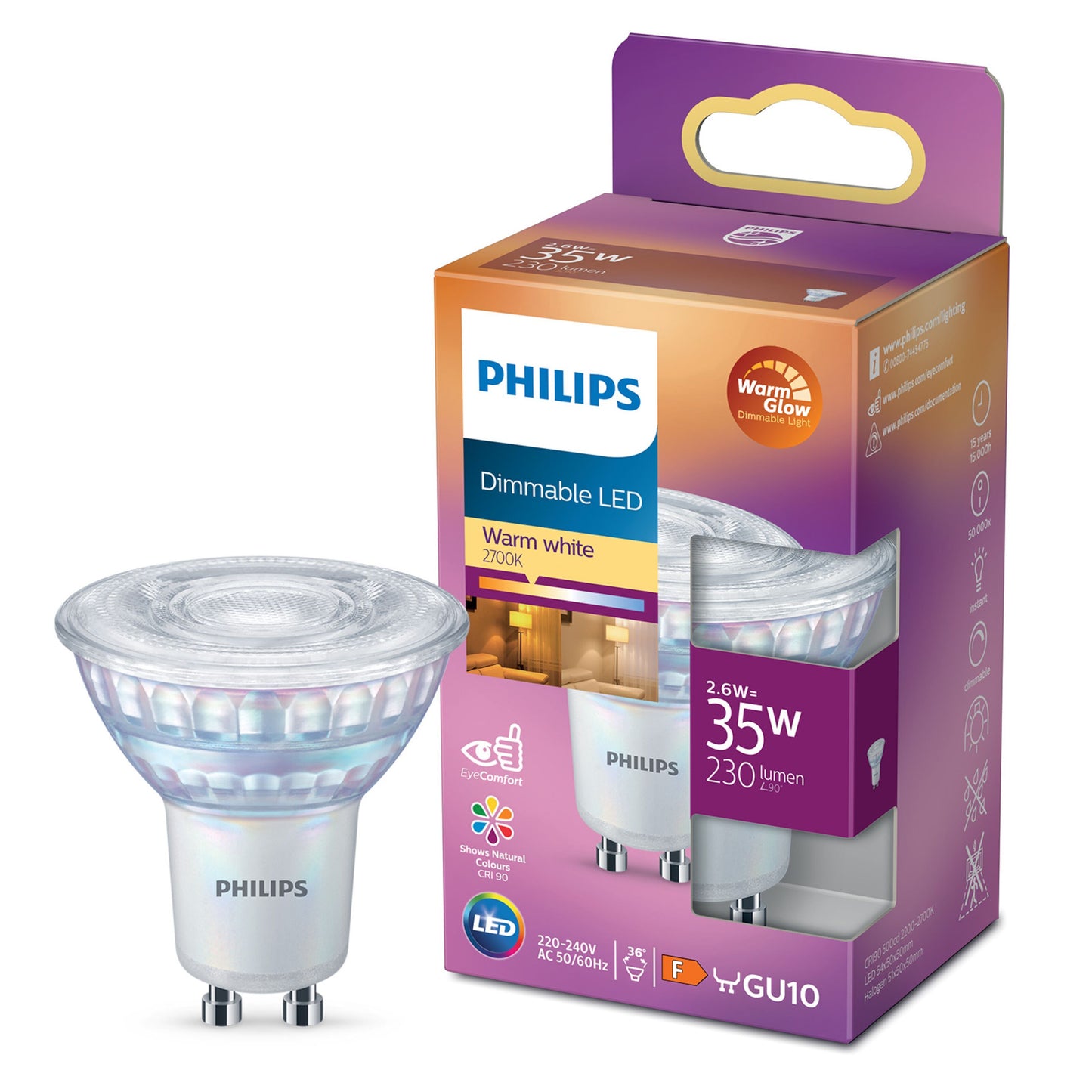 Philips LED GU10 pære 230 lm, 2,6W erstatter 35W, varm hvid 2700K, dæmpbar, EyeComfort, emballage synlig.