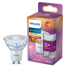 Philips LED GU10 pære 230 lm, 2,6W erstatter 35W, varm hvid 2700K, dæmpbar, EyeComfort, emballage synlig.