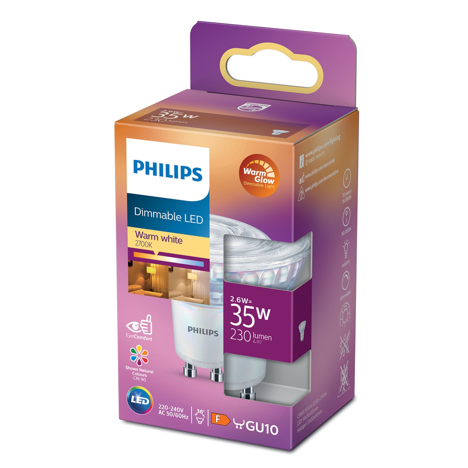 Philips LED GU10 spotpære 230 lm 2700K varm hvid dæmpbar 2.6W WarmGlow lilla/orange æske med ikoner.