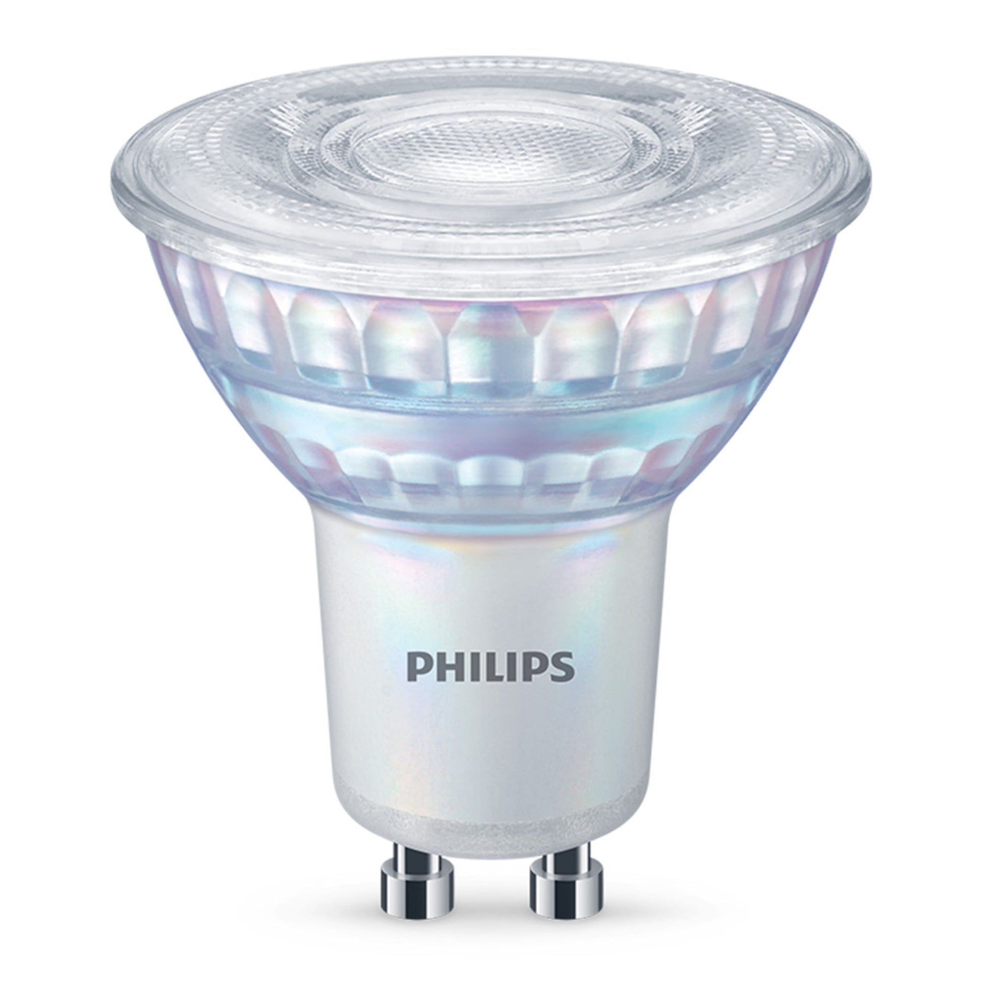 Philips LED GU10 pære 230 lm transparent rillet glastop, hvid base, to metalben, varm hvid lys, dæmpbar spot.