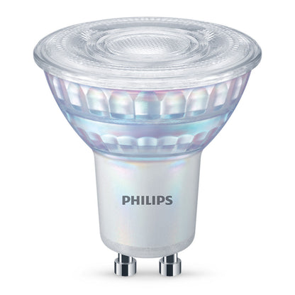 Philips LED GU10 pære 230 lm transparent rillet glastop, hvid base, to metalben, varm hvid lys, dæmpbar spot.