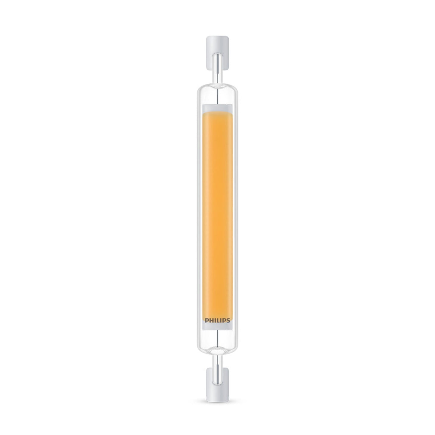 Philips LED-stavlampe R7s 118 mm, 806 lm, cylinderformet med to metalstik, varm 3000K lysfarve.