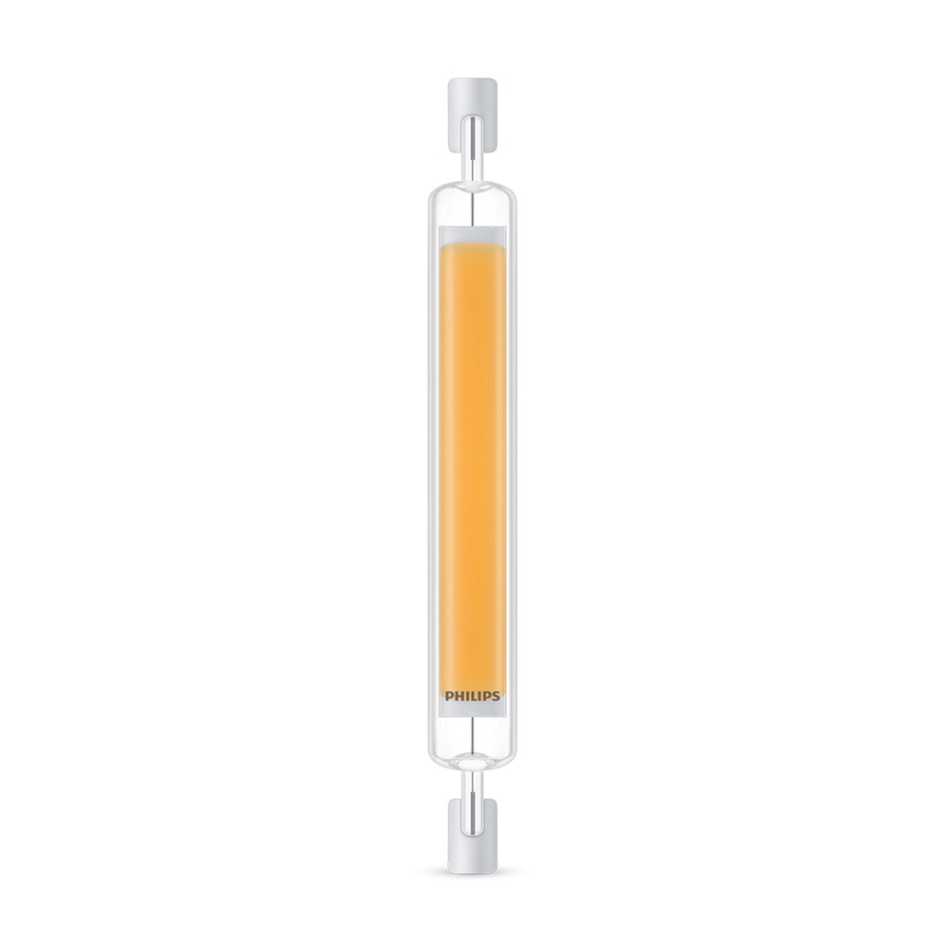 Philips LED-stavlampe R7s 118 mm, 806 lm, cylinderformet med to metalstik, varm 3000K lysfarve.