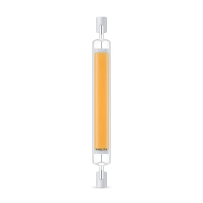 Philips LED-stavlampe R7s 118 mm, 806 lm, cylinderformet med to metalstik, varm 3000K lysfarve.