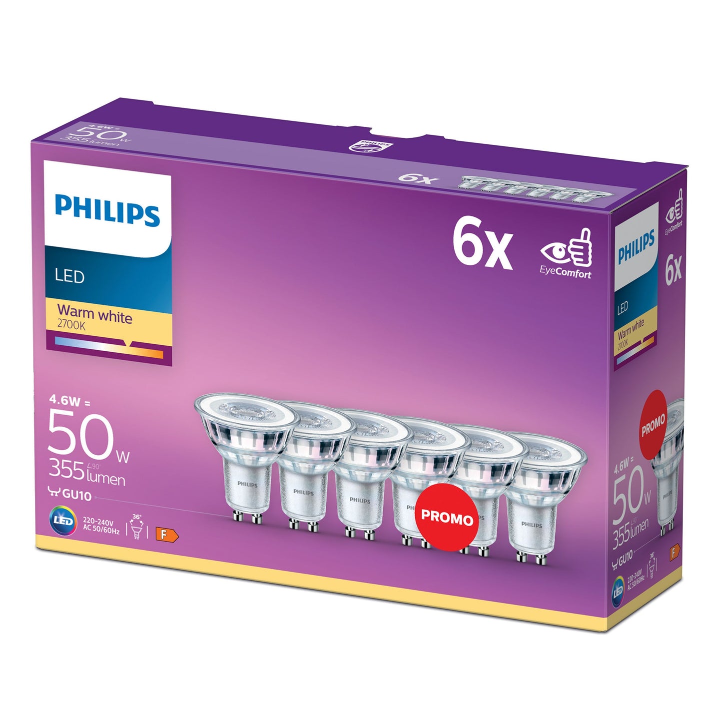 Philips LED GU10 6-pak 4,6W 355lm varm hvid spotpære, lilla/gul æske med spotbelysning info og "6x" på forsiden.