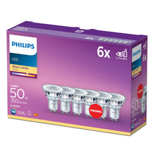 Philips LED GU10 6-pak 4,6W 355lm varm hvid spotpære, lilla/gul æske med spotbelysning info og "6x" på forsiden.