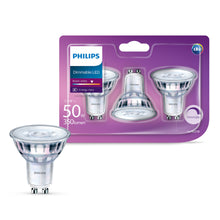 Philips LED-pære GU10 345 lm, pakke med 3 stk, én pære uden for æsken, emballage viser Philips-logo og lysstyrke.
