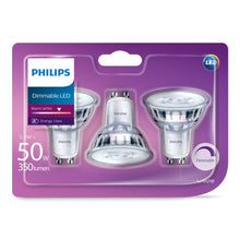 Philips LED-pære GU10 3-pak varm hvid 345 lm A+ energiklasse i lilla emballage.