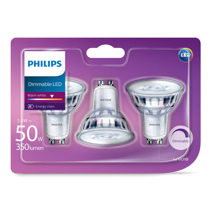 Philips LED-pære GU10 3-pak varm hvid 345 lm A+ energiklasse i lilla emballage.