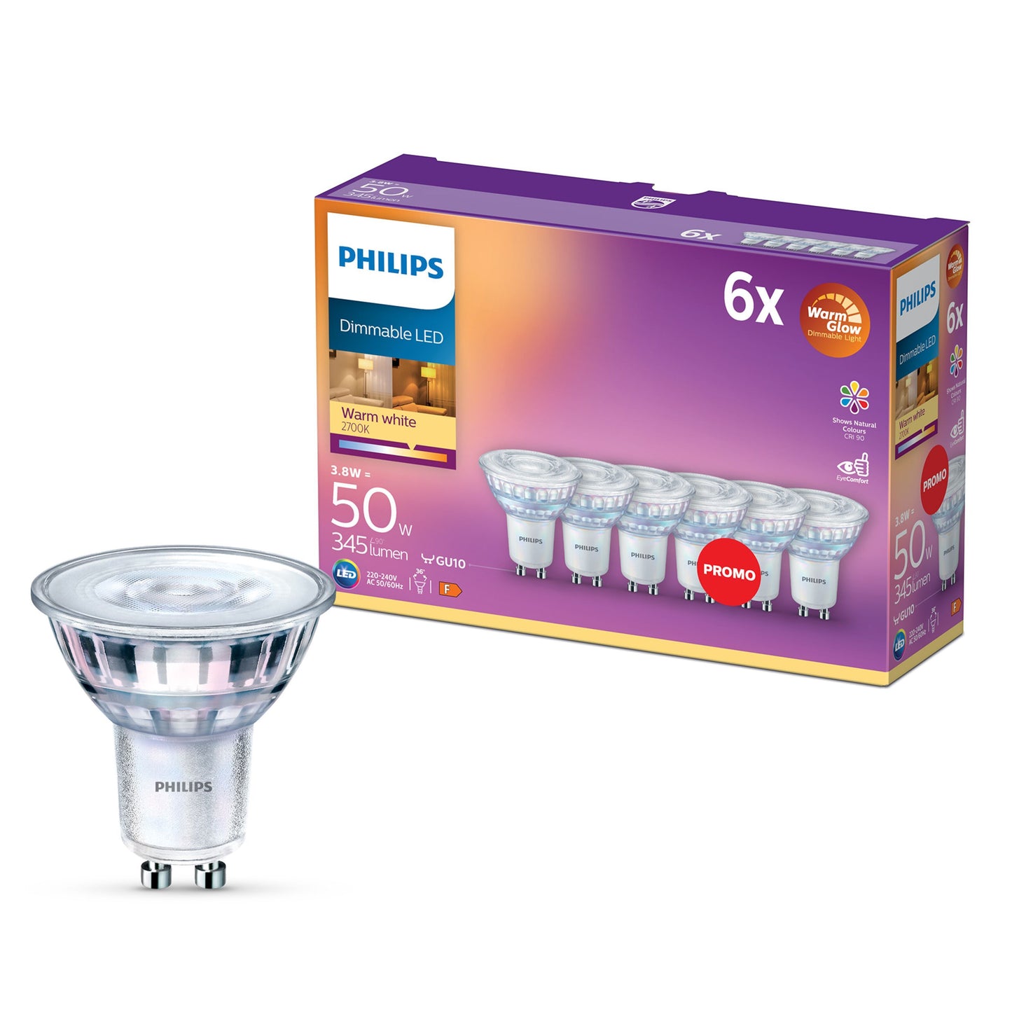 Philips LED GU10 spotpære 345 lm dæmpbar varm hvid 6-pak vist foran lilla og orange emballage.