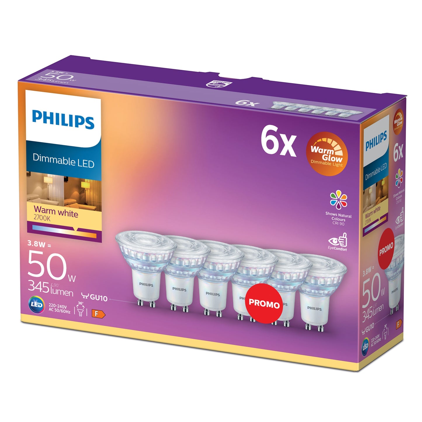 Philips LED GU10 345 lm dæmpbar 2700K varm hvid Warm Glow 3,8W (50W) 6-pak lilla og orange æske med pæreillustrationer.