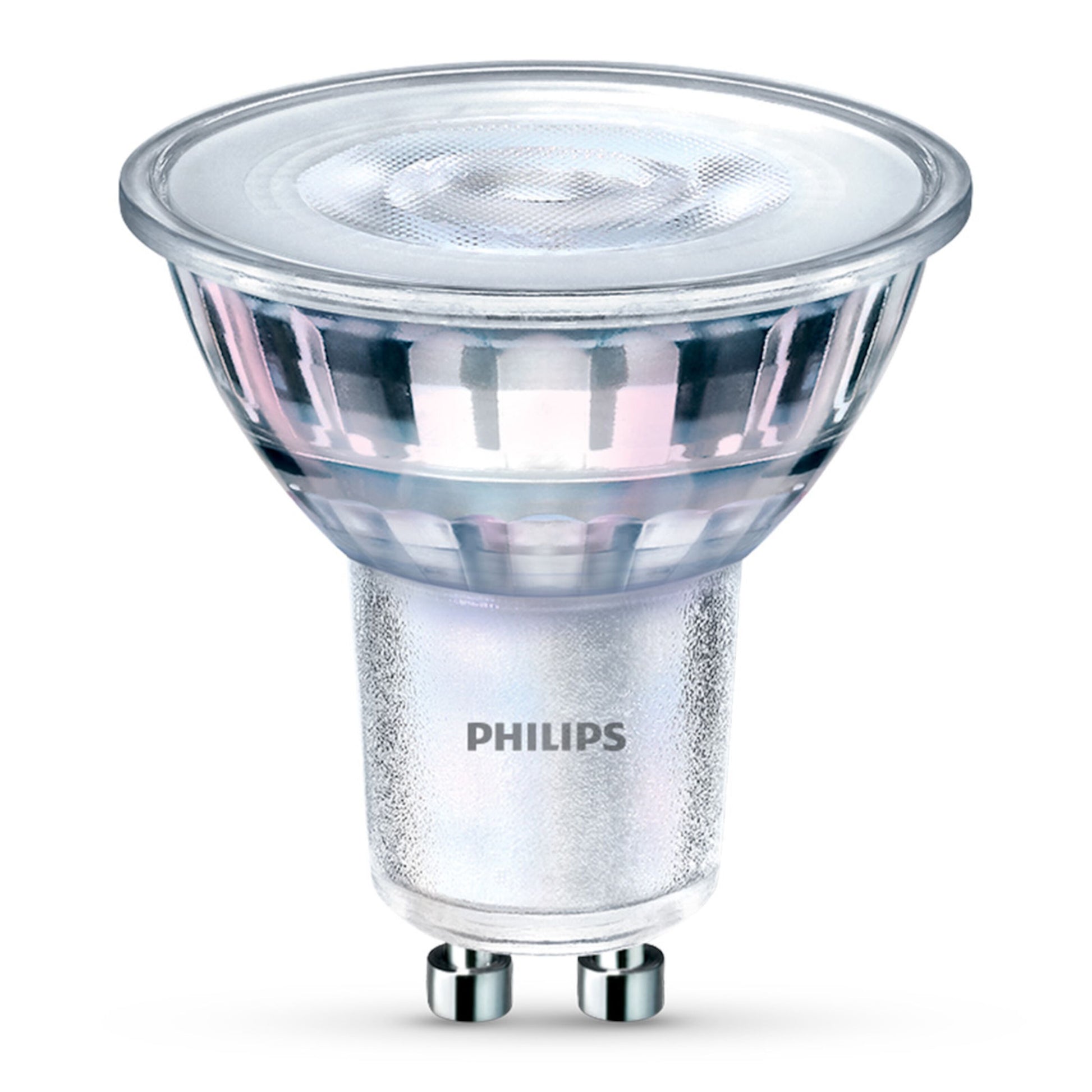 Philips LED-pære GU10 345 lm 6-pak glas krop, metal base og to-pin stik til dæmpbar belysning.
