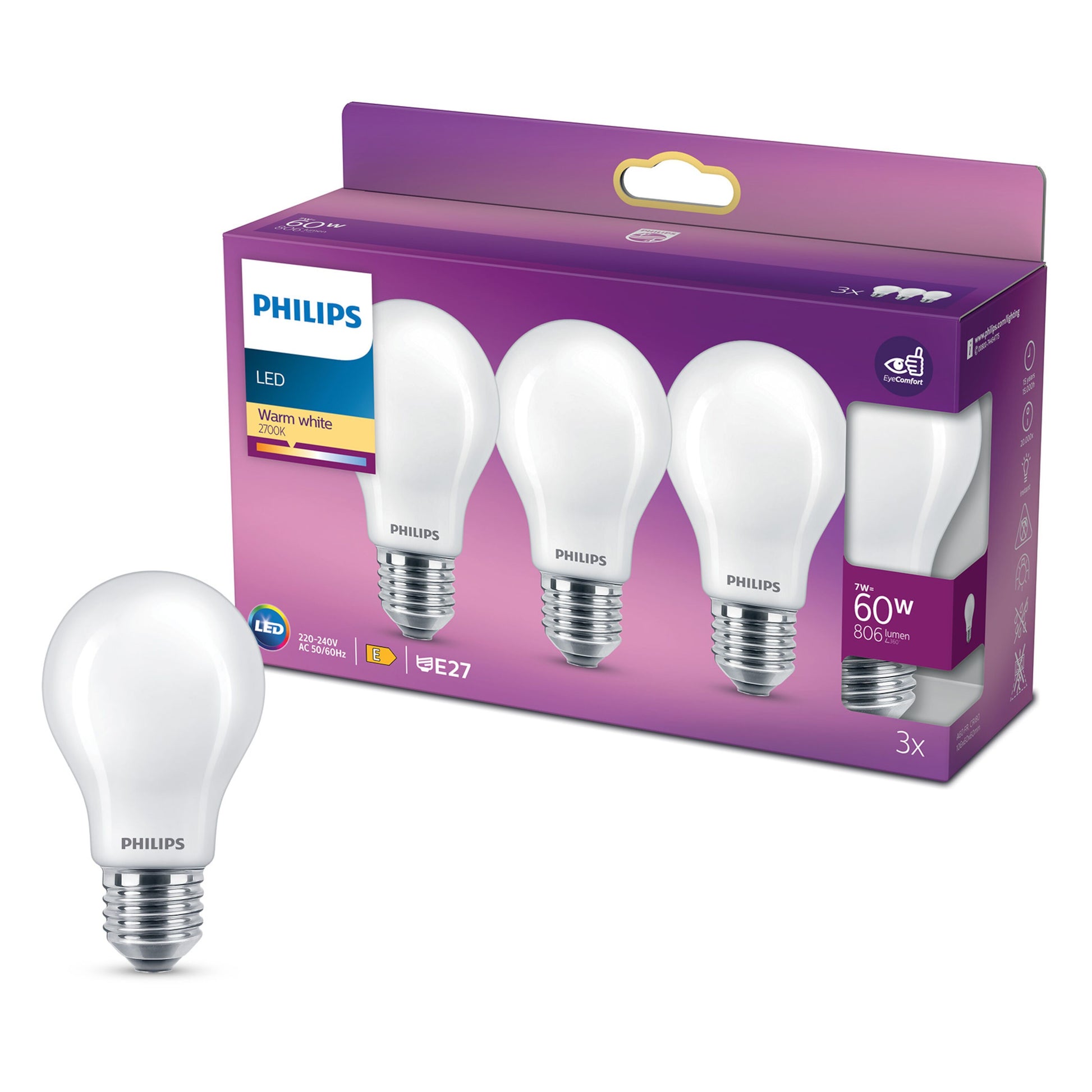 Philips LED-pære E27 806 lm 3-pak, varm hvid, én pære foran æske med 806 lumen og E27 sokkel vises.