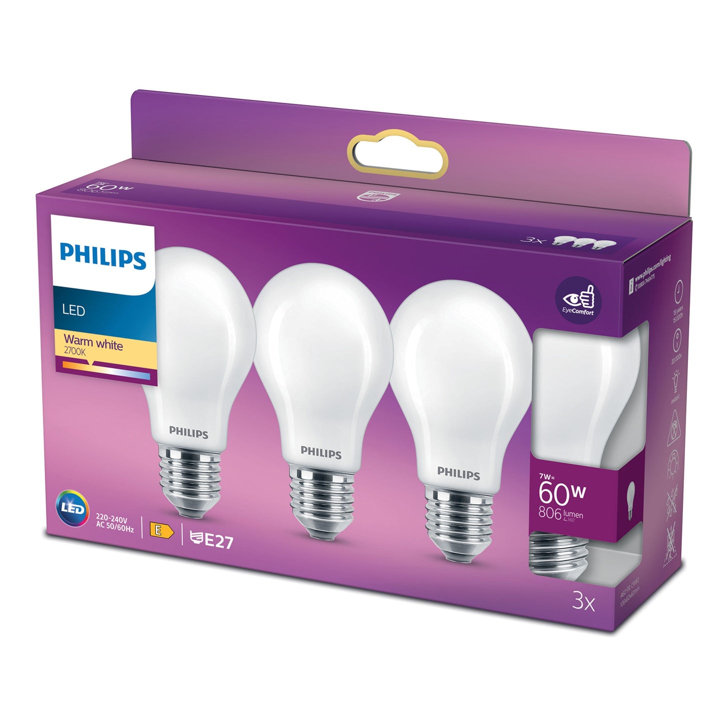 Philips LED-pære E27 806 lm 3-pak, varm hvid 2700K, 60W erstatning, tre pærer i lilla æske.