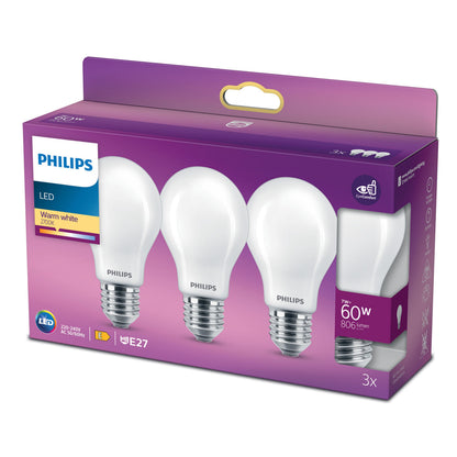 Philips LED-pære E27 806 lm 3-pak, varm hvid 2700K, 60W erstatning, tre pærer i lilla æske.