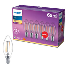 Philips LED-lyspære Kron E14 470 lm 6-pak varm hvid 4,3W=40W 2700K lilla æske med seks pærer, EyeComfort-logo.