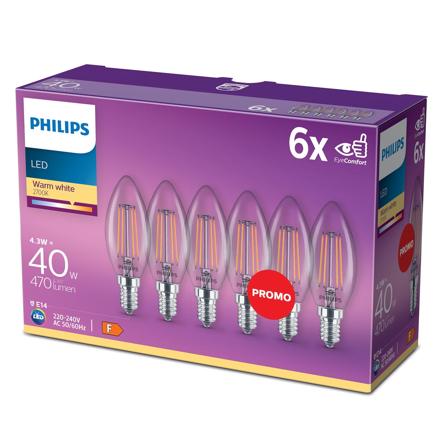Philips Kron LED E14 470 lm 6-pak, seks filamentpærer, varm hvid 2700K, 4,3W=40W, lilla/gul æske med promo-mærke.