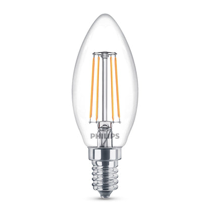 Philips LED-lyspære Kron E14 470 lm 6-pak klar glaspære synlig filament skruedup og Philips-logo.