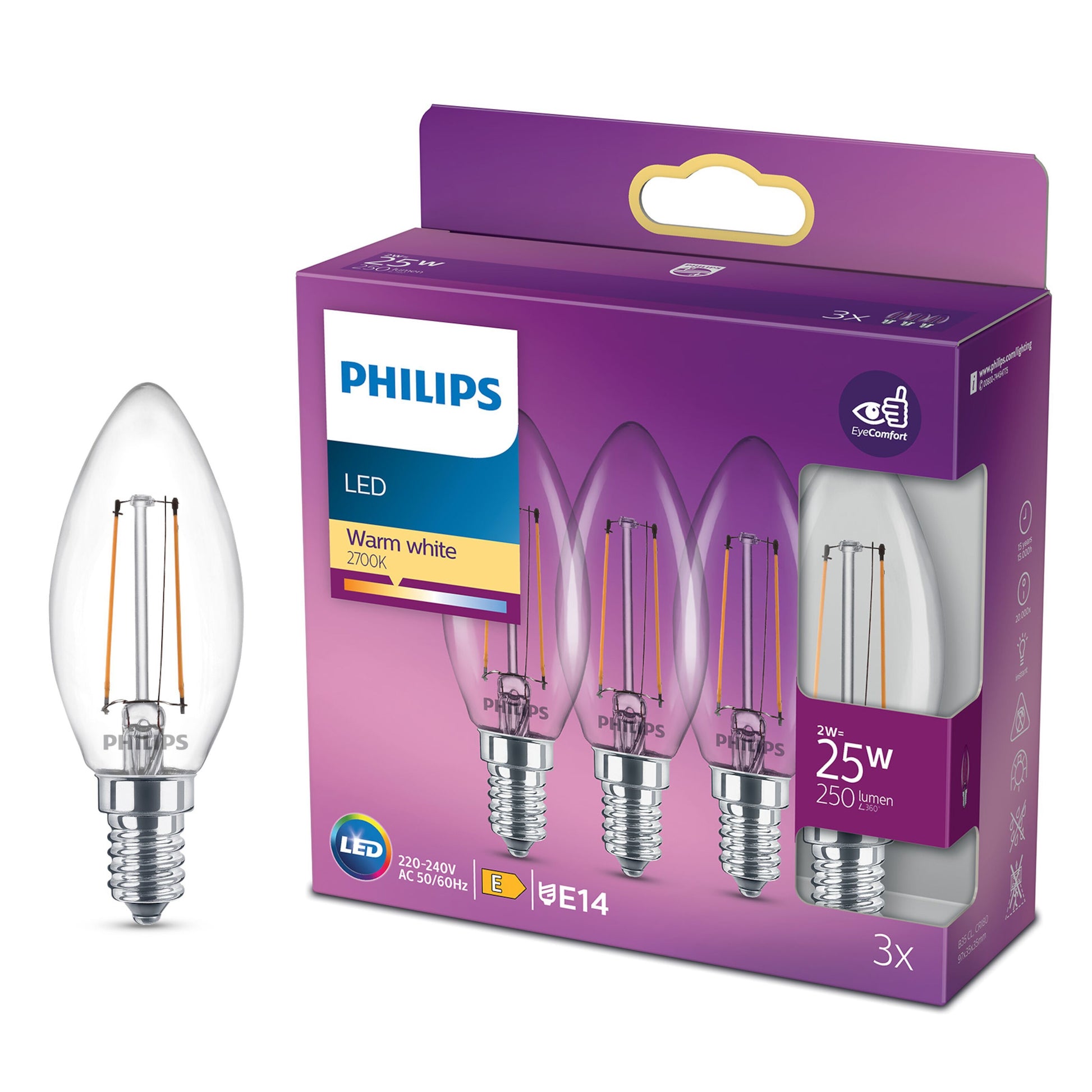 Philips LED Kron 3-pak, lilla æske med tre pærer, 25W, 250 lumen, E14 sokkel, varm hvid 2700K.