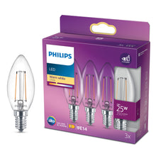 Philips LED Kron 3-pak, lilla æske med tre pærer, 25W, 250 lumen, E14 sokkel, varm hvid 2700K.