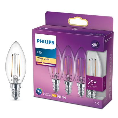 Philips LED Kron 3-pak, lilla æske med tre pærer, 25W, 250 lumen, E14 sokkel, varm hvid 2700K.