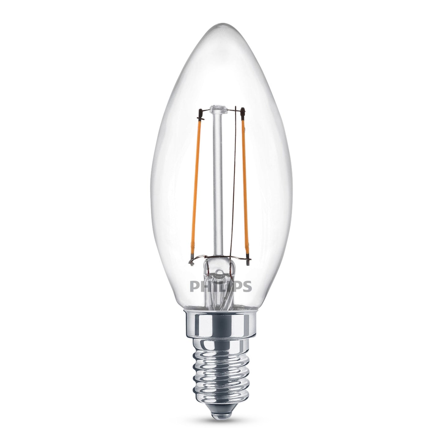 Philips Kron LED E14 pære 250 lm 3-pak klare lysestagepærer synlig filament sølvfarvet sokkel varm hvid.