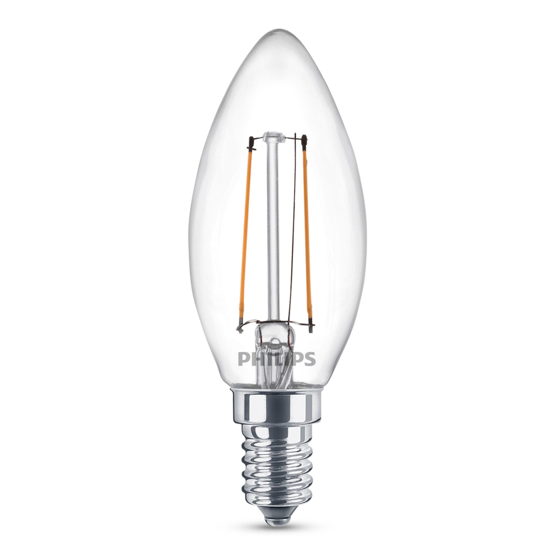 Philips Kron LED E14 pære 250 lm 3-pak klare lysestagepærer synlig filament sølvfarvet sokkel varm hvid.