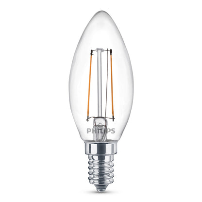 Philips Kron LED E14 pære 250 lm 3-pak klare lysestagepærer synlig filament sølvfarvet sokkel varm hvid.