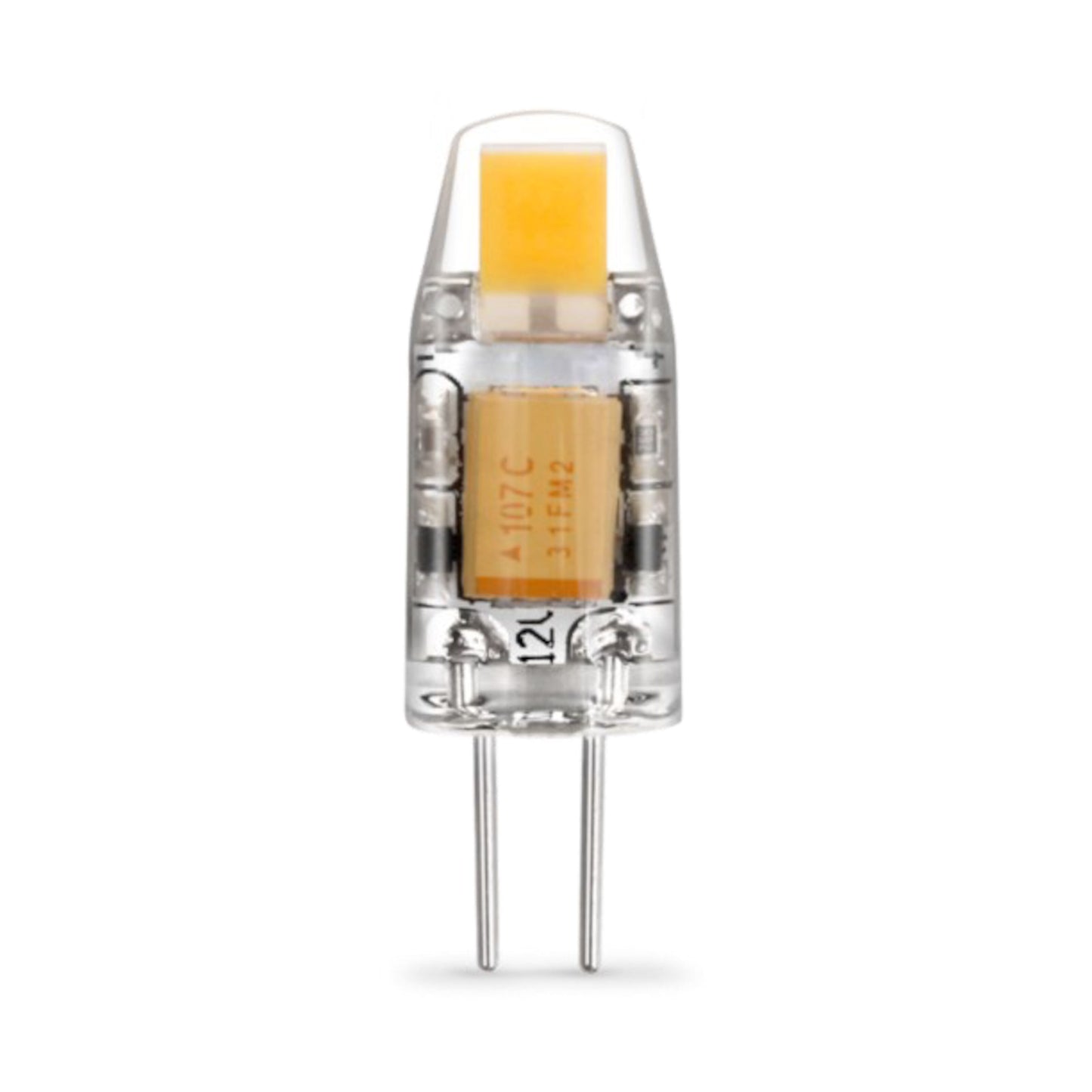 Narva dæmpbar LED-pære G4 120 lm, klar, to metalben, synlige indre dele, varm hvid belysning.