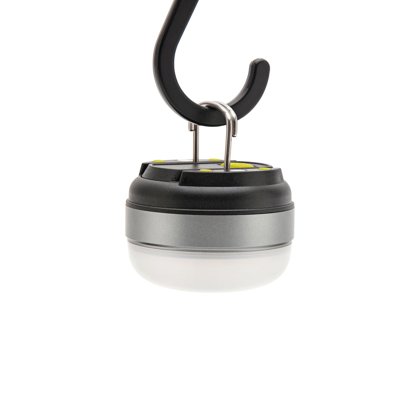 Ledsavers Mini-campinglampe kompakt rund lampe med sort ophængskrog, grå krop og matteret hvid bund.