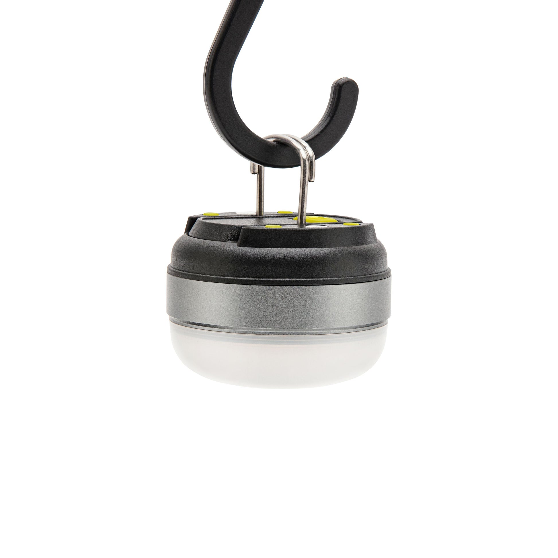 Ledsavers Mini-campinglampe kompakt rund lampe med sort ophængskrog, grå krop og matteret hvid bund.
