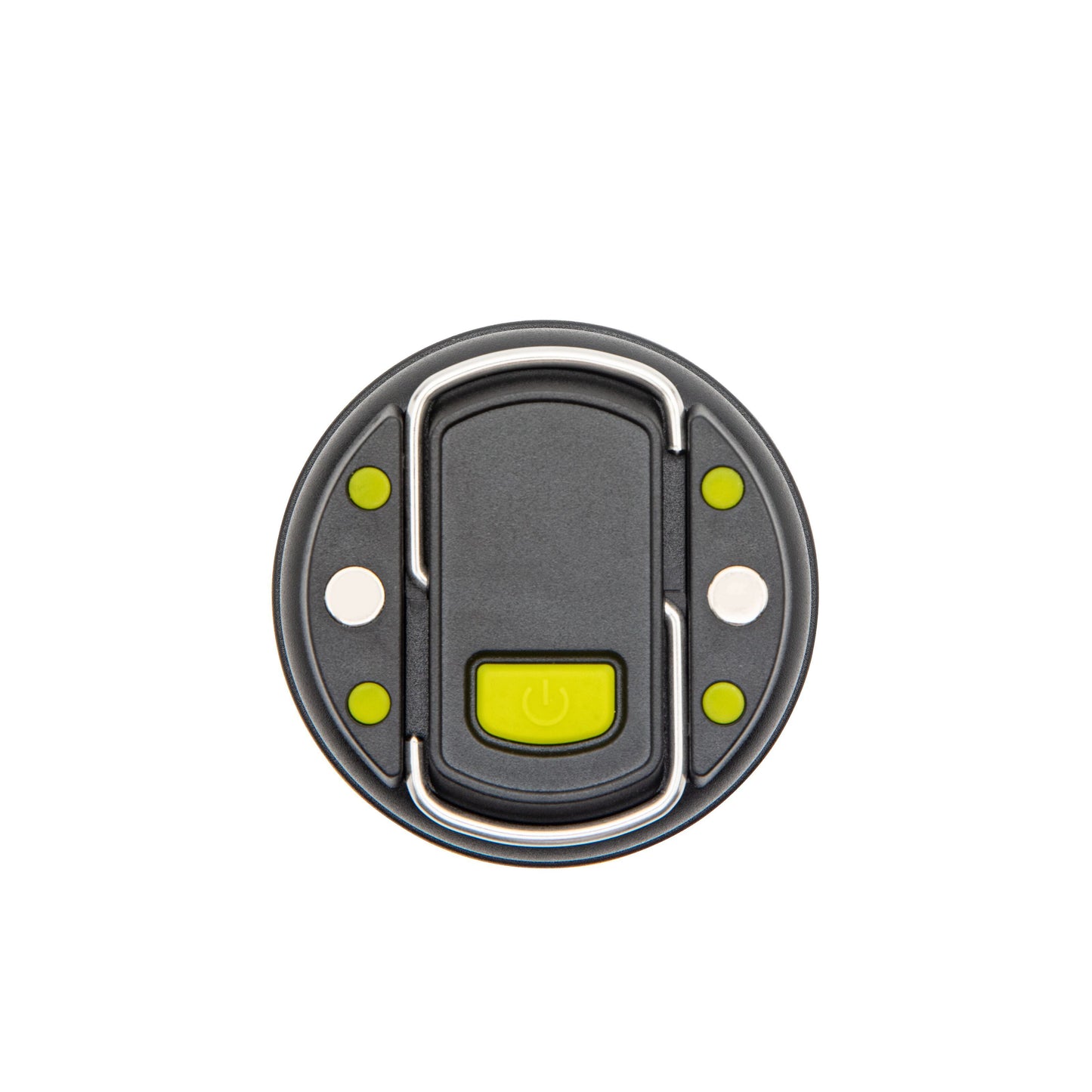 Ledsavers Mini-campinglampe grå rund med grøn central knap, fire små grønne cirkler og to hvide symmetriske elementer.