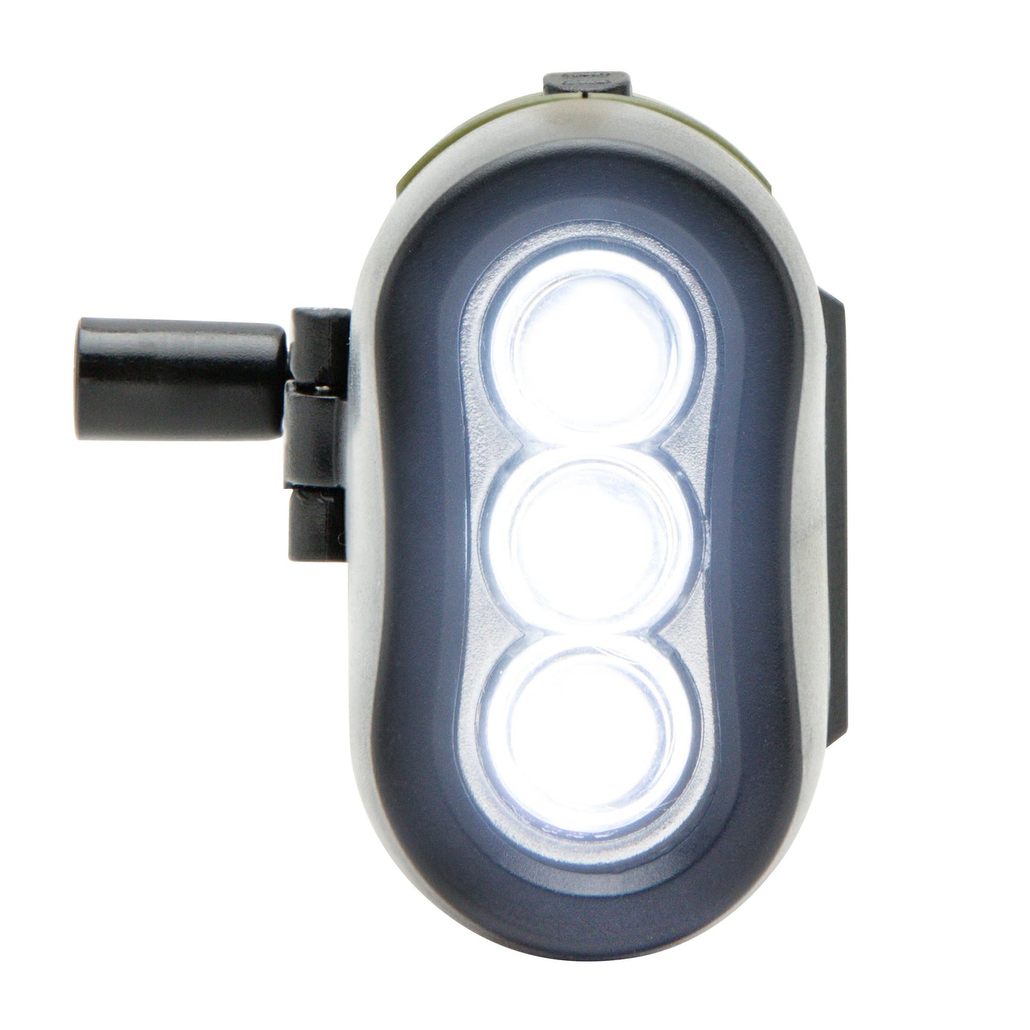 Ledsavers Dynamo- og solcelle lommelygte med tre lodrette LED-lys og sort sidehåndtag.
