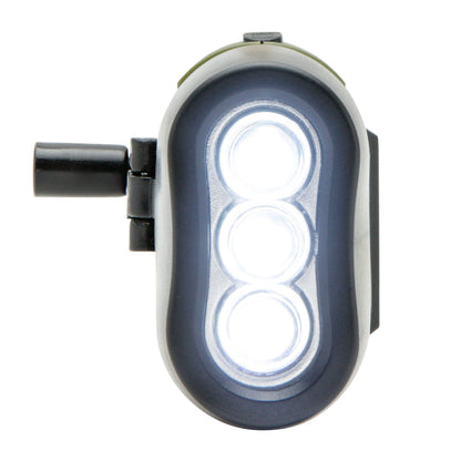 Ledsavers Dynamo- og solcelle lommelygte med tre lodrette LED-lys og sort sidehåndtag.