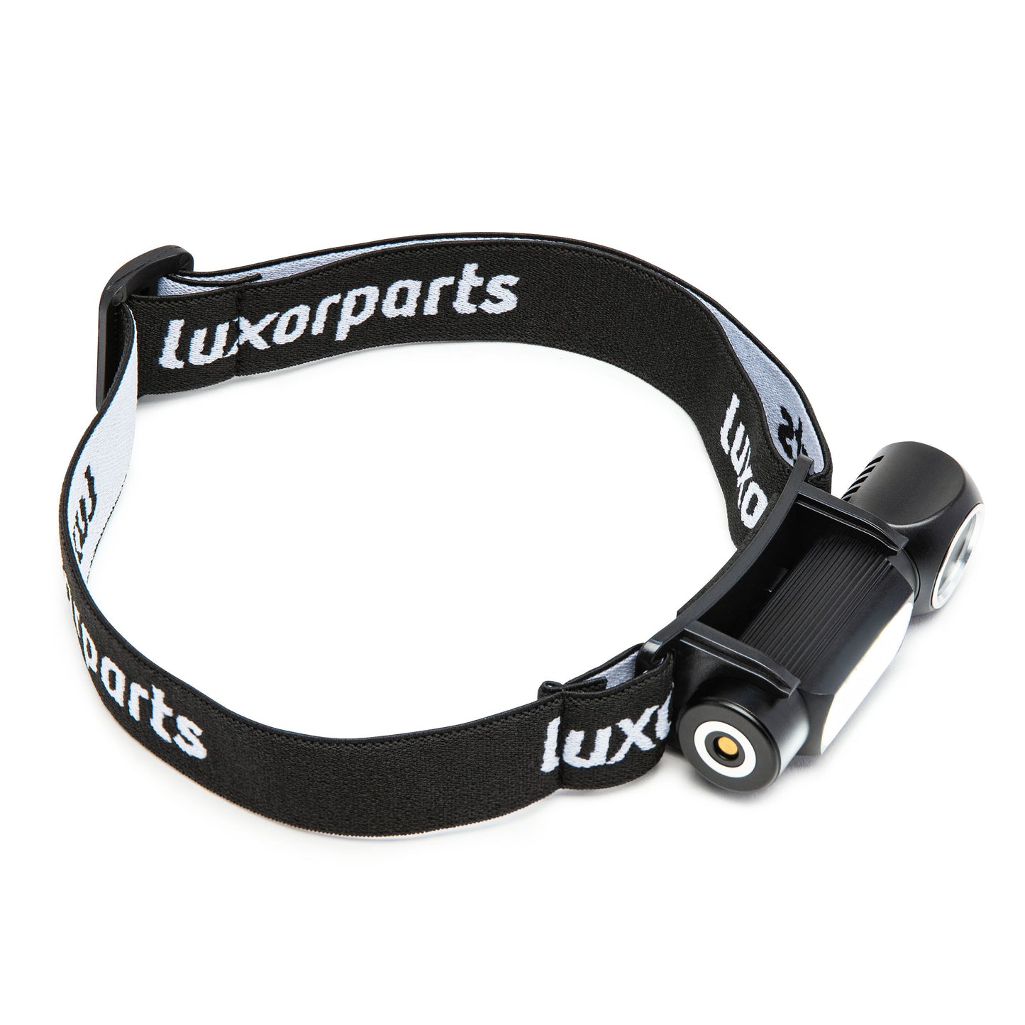 Luxorparts Multifunktionslampe 500 lm sort kompakt pandelampe med justerbar elastisk rem og cylindrisk design.