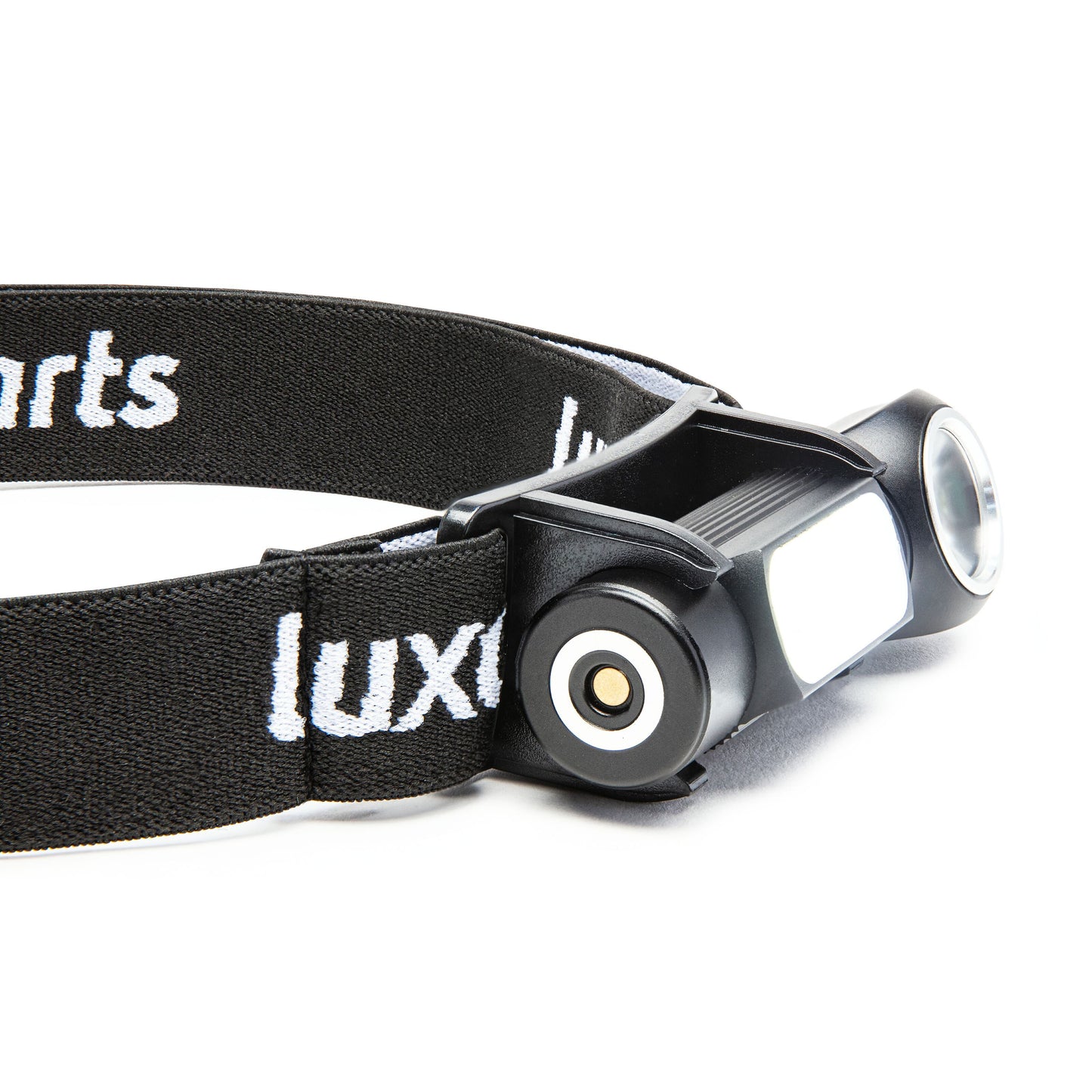 Multifunktionslampe 500 lm sort pandelampe med bred elastikrem med "lux" i hvid, rundt lys og cylindrisk batterirum.