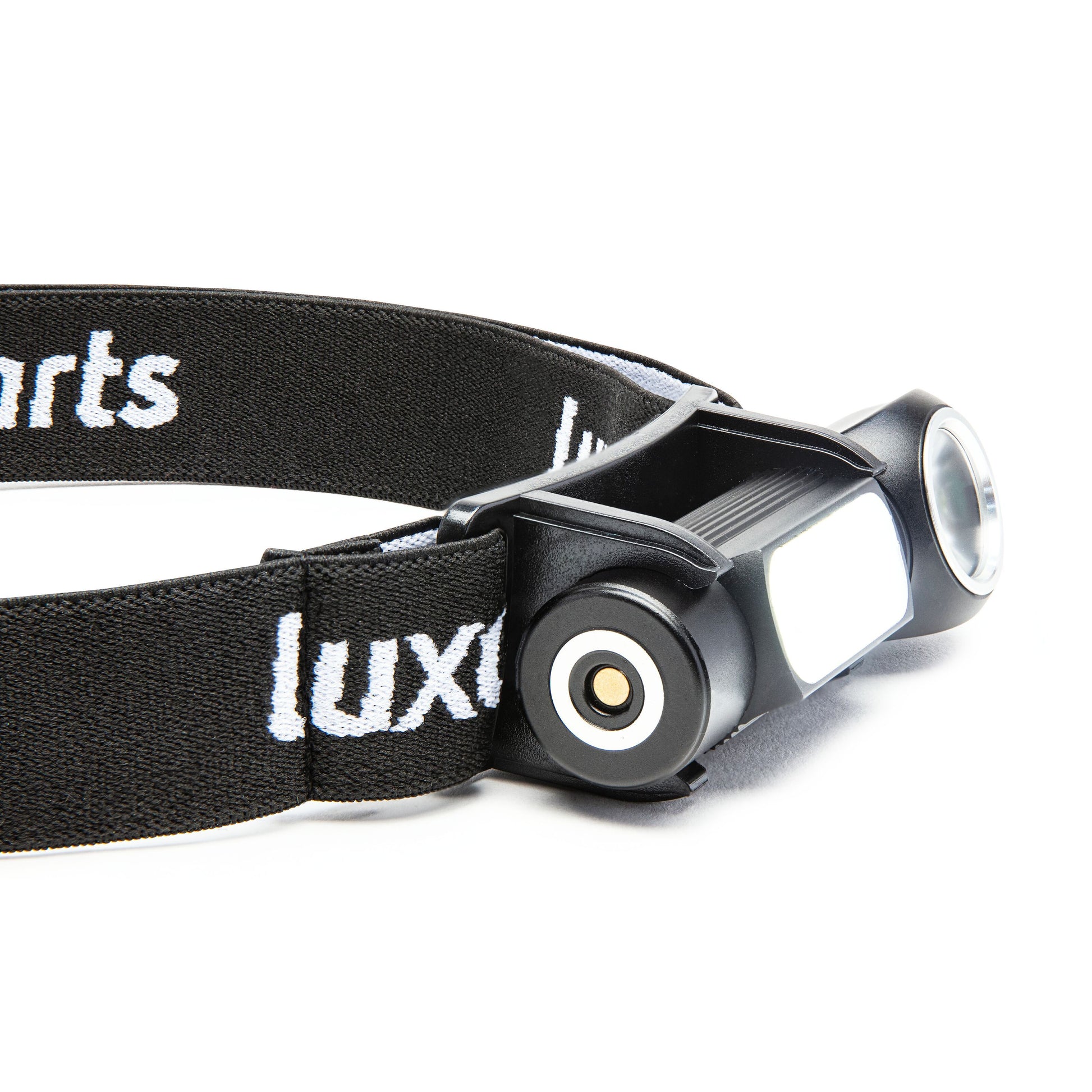 Multifunktionslampe 500 lm sort pandelampe med bred elastikrem med "lux" i hvid, rundt lys og cylindrisk batterirum.
