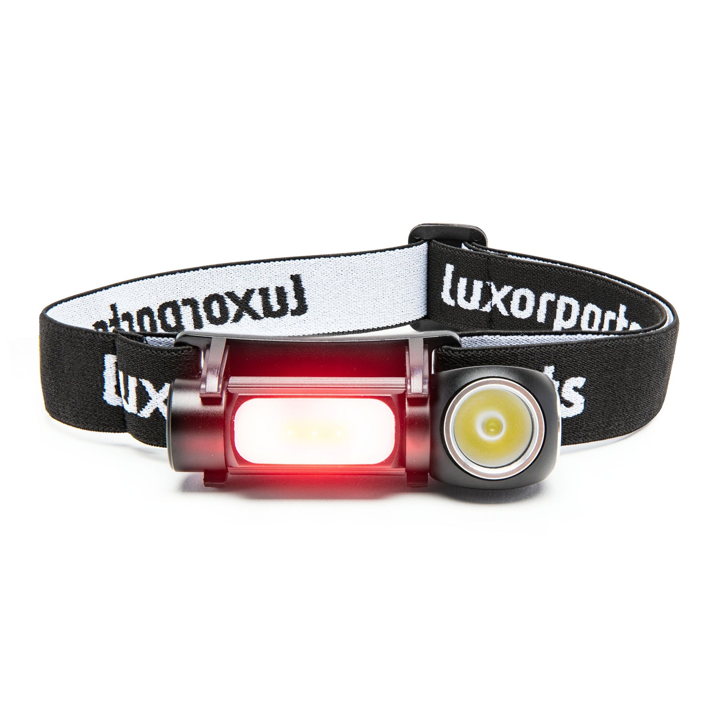 Luxorparts multifunktionslampe 500 lm sort pandelampe med hvid/sort rem og Luxorparts-logo, hvide og røde LED-lys.