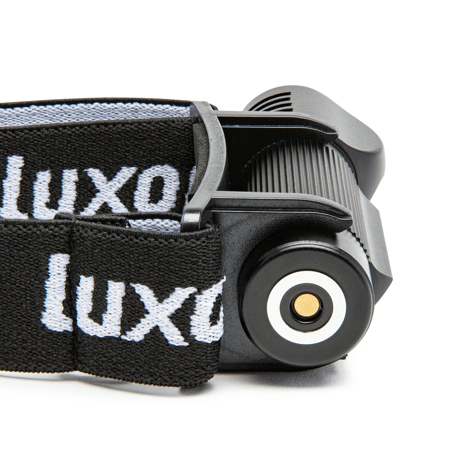 Luxorparts Multifunktionslampe 500 lm med rillet krop og rund linse, sort justerbar rem med hvidt Luxorparts-logo.