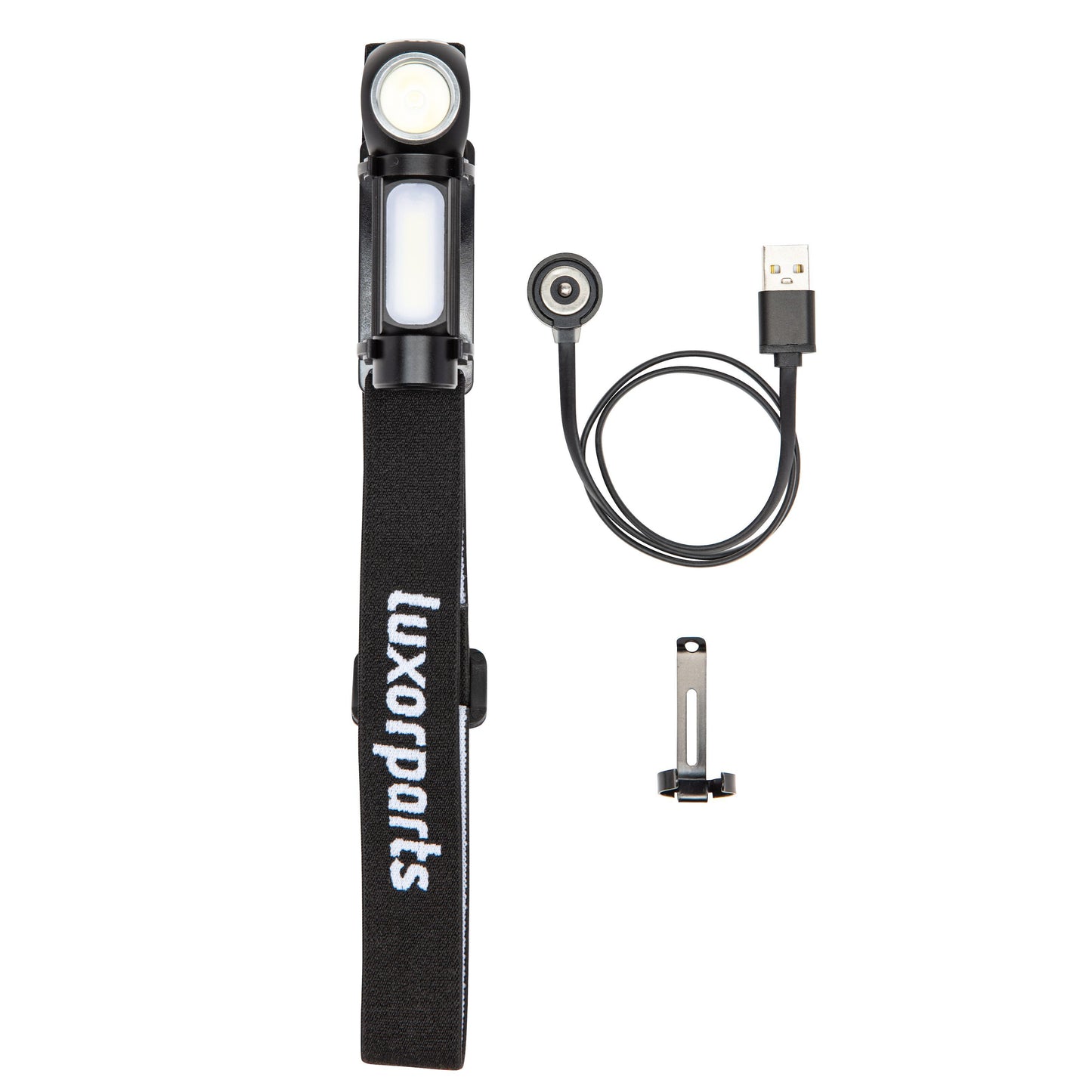 Multifunktionslampe 500 lm, sort, justerbar rem, USB-opladerkabel og metalclips.
