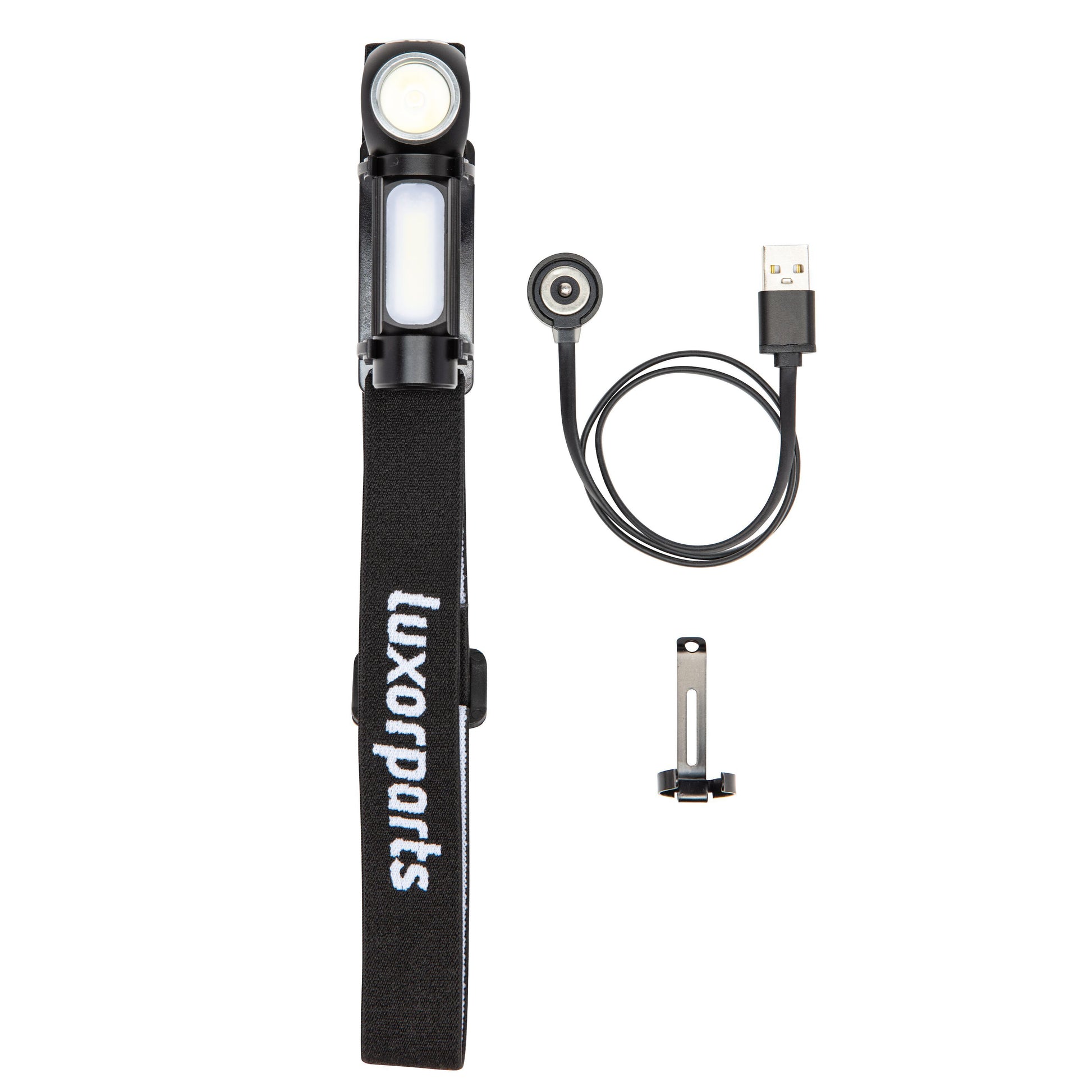 Multifunktionslampe 500 lm, sort, justerbar rem, USB-opladerkabel og metalclips.