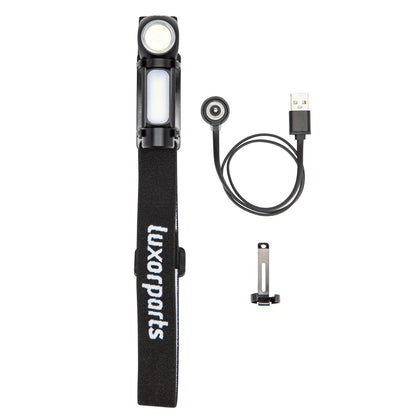 Multifunktionslampe 500 lm, sort, justerbar rem, USB-opladerkabel og metalclips.