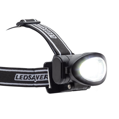 Ledsavers pandelampe sort 3W 170lm, vandresistent, justerbart pandebånd, kraftigt hvidt lys tændt foran.