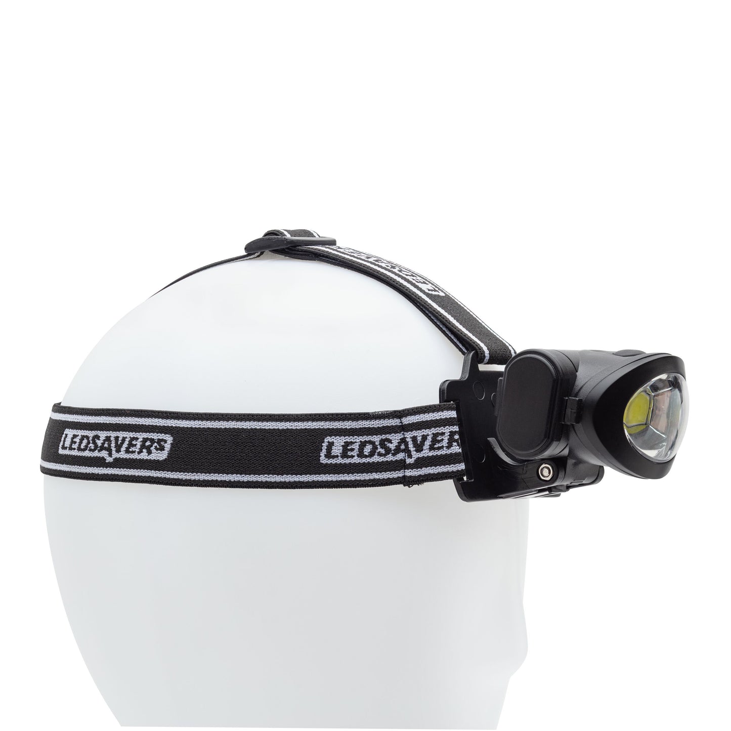Ledsavers pandelampe sort/hvid 3W 170 lm vandresistent med justerbart pandebånd vist på mannequinhoved fra siden.