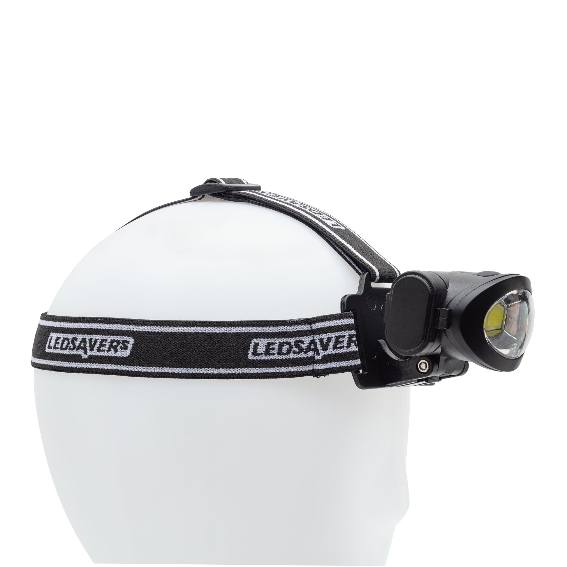 Ledsavers pandelampe sort/hvid 3W 170 lm vandresistent med justerbart pandebånd vist på mannequinhoved fra siden.