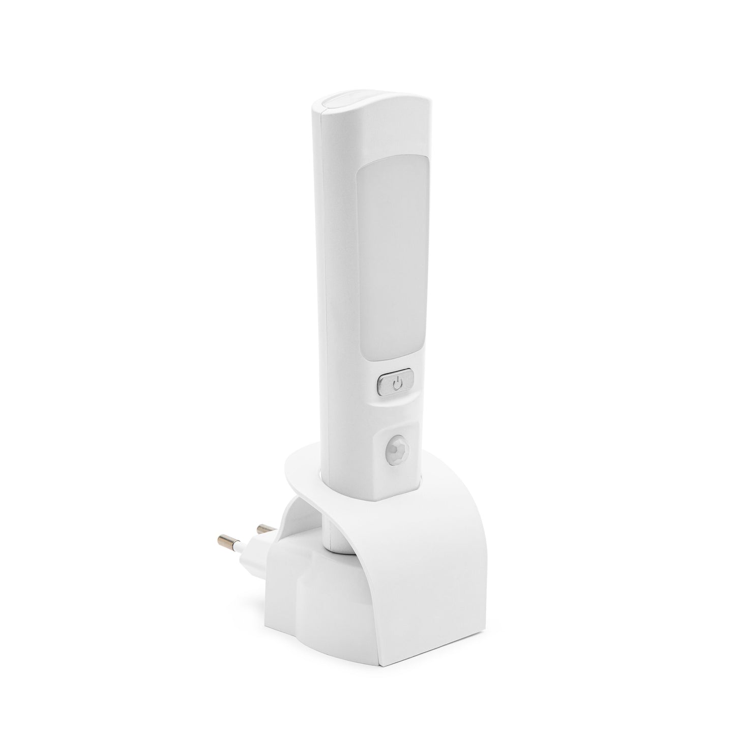Luxorparts genopladelig LED lommelygte og natlampe, hvid, opladestander, synlig tænd/sluk-knap og tobenet stikprop.
