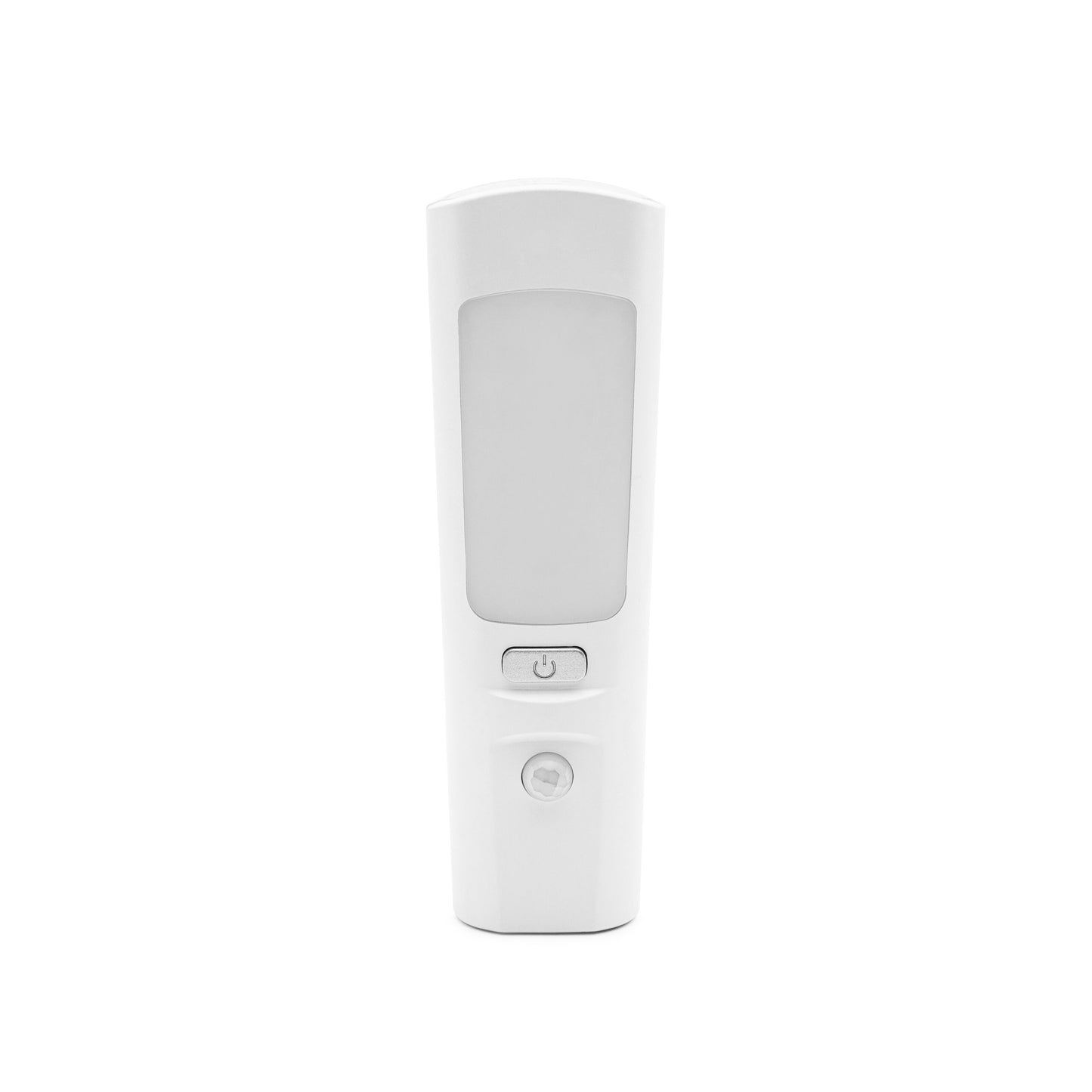 Luxorparts genopladelig lommelygte og natlampe, hvid, rektangulær med stort frontpanel, powerknap og lille sensor.